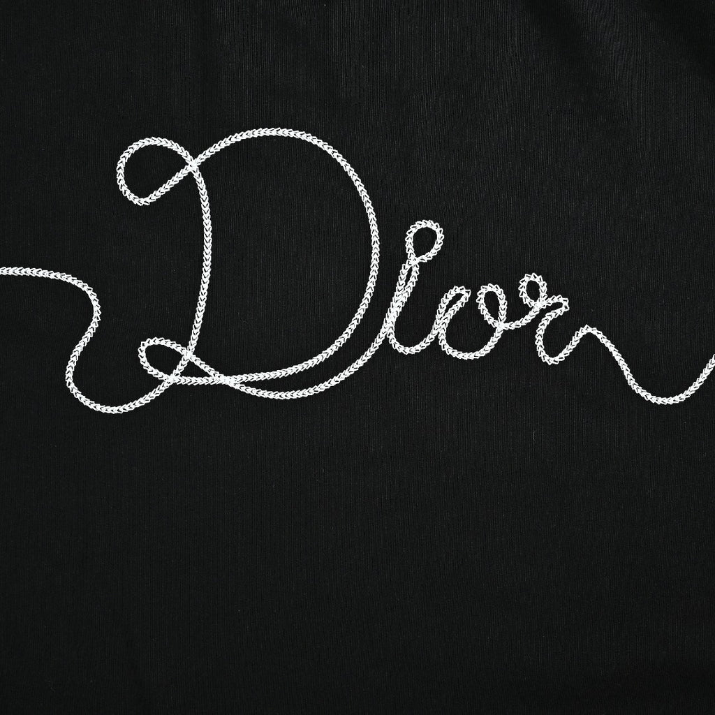 Dior CD Cursive Slogan Chain Embroidered Short Sleeve T-Shirt - Black