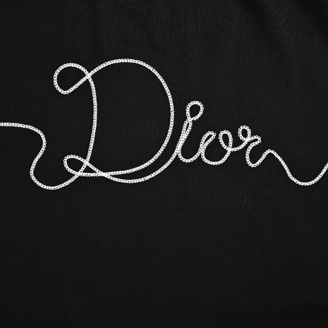 Dior CD Cursive Slogan Chain Embroidered Short Sleeve T-Shirt - Black