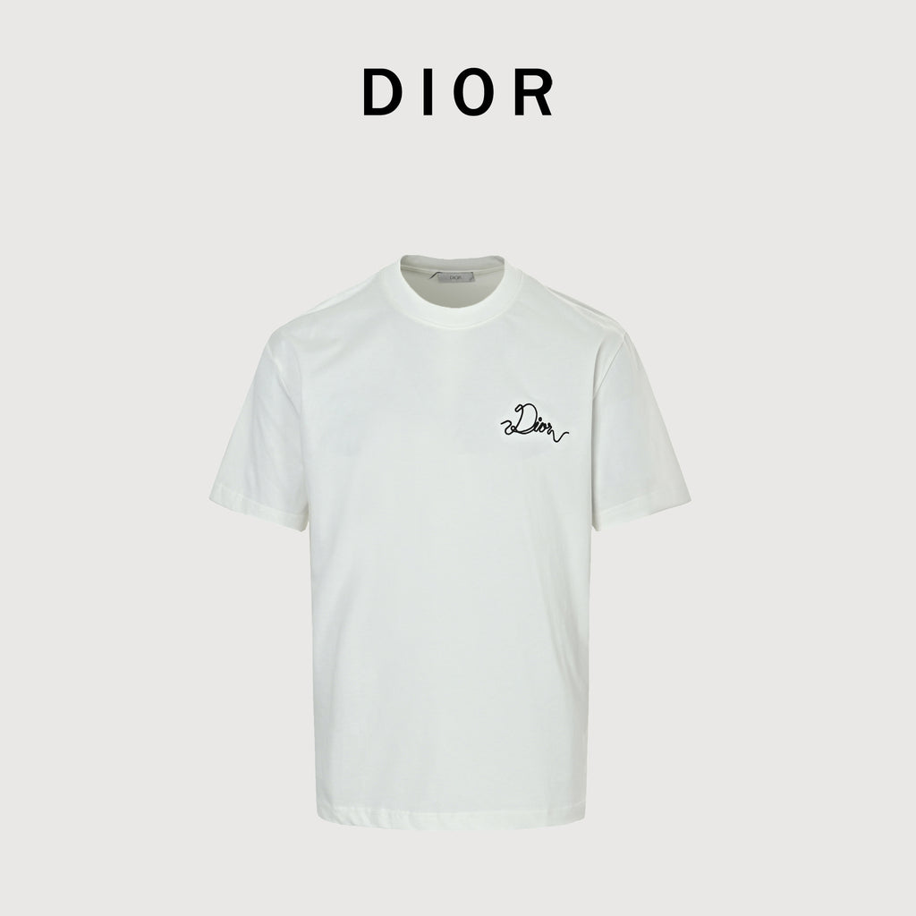 Dior CD Cursive Slogan Chain Embroidered Short Sleeve T-Shirt - White