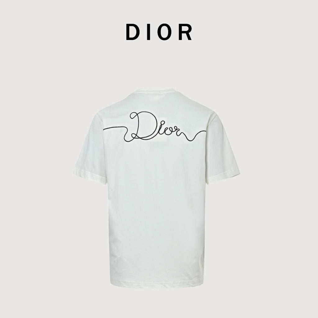 Dior CD Cursive Slogan Chain Embroidered Short Sleeve T-Shirt - White
