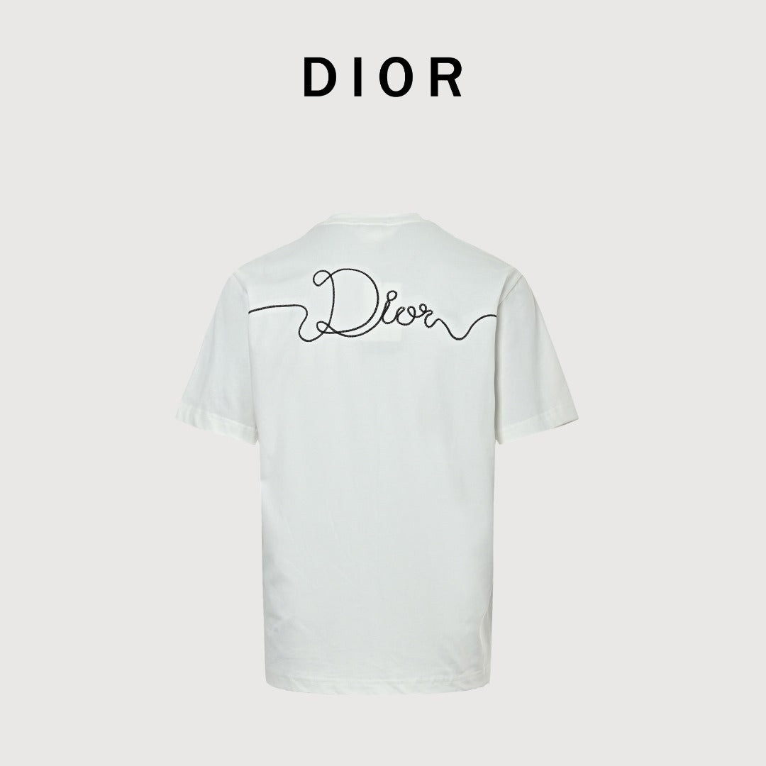 Dior CD Cursive Slogan Chain Embroidered Short Sleeve T-Shirt - White