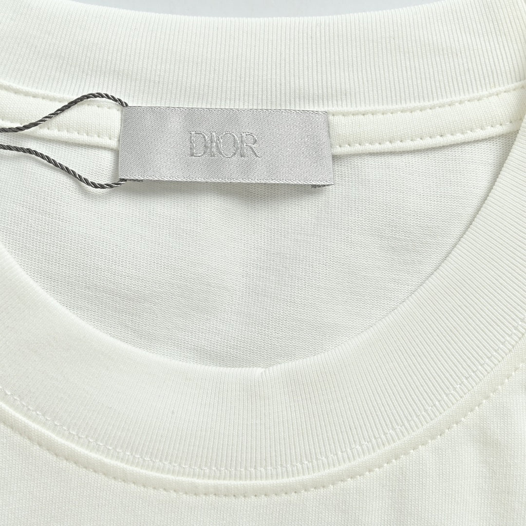 Dior CD Cursive Slogan Chain Embroidered Short Sleeve T-Shirt - White