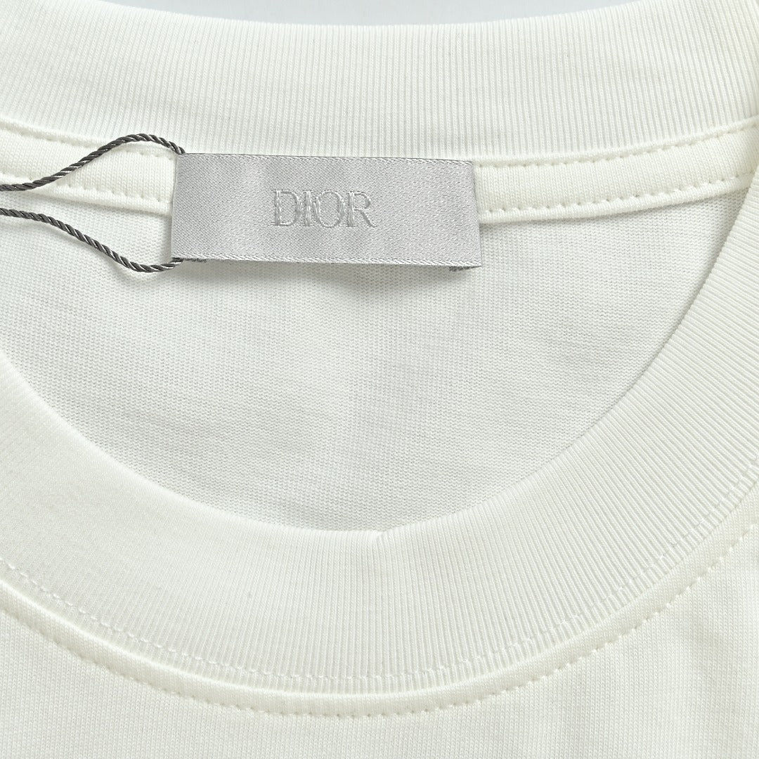 Dior CD Cursive Slogan Chain Embroidered Short Sleeve T-Shirt - White