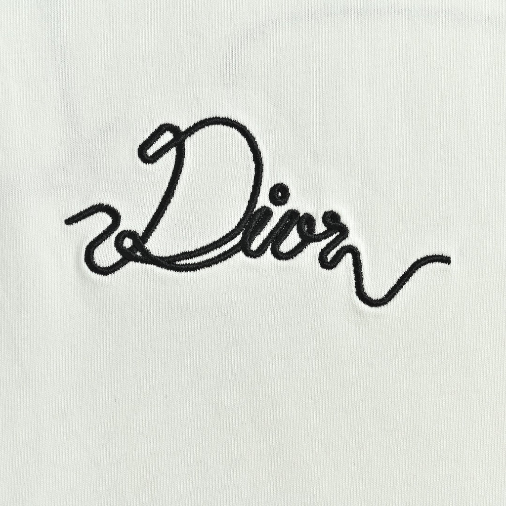 Dior CD Cursive Slogan Chain Embroidered Short Sleeve T-Shirt - White