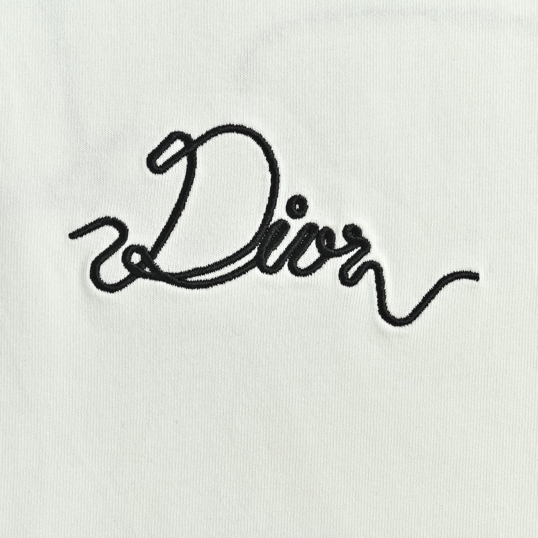 Dior CD Cursive Slogan Chain Embroidered Short Sleeve T-Shirt - White