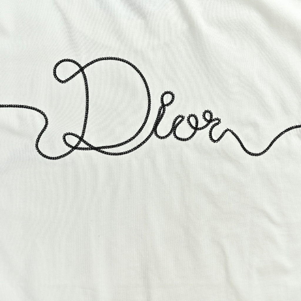 Dior CD Cursive Slogan Chain Embroidered Short Sleeve T-Shirt - White