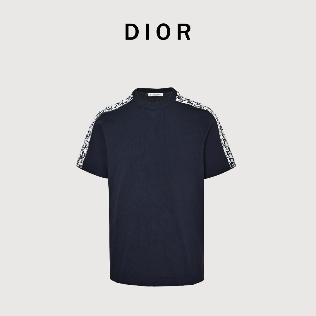 Dior Oblique Jacquard Tape Shoulder Sleeve Panelled Short Sleeve T-Shirt - Navy
