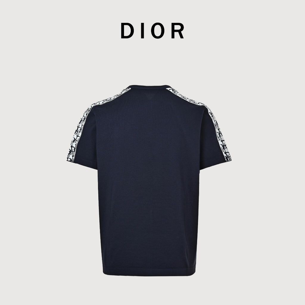 Dior Oblique Jacquard Tape Shoulder Sleeve Panelled Short Sleeve T-Shirt - Navy