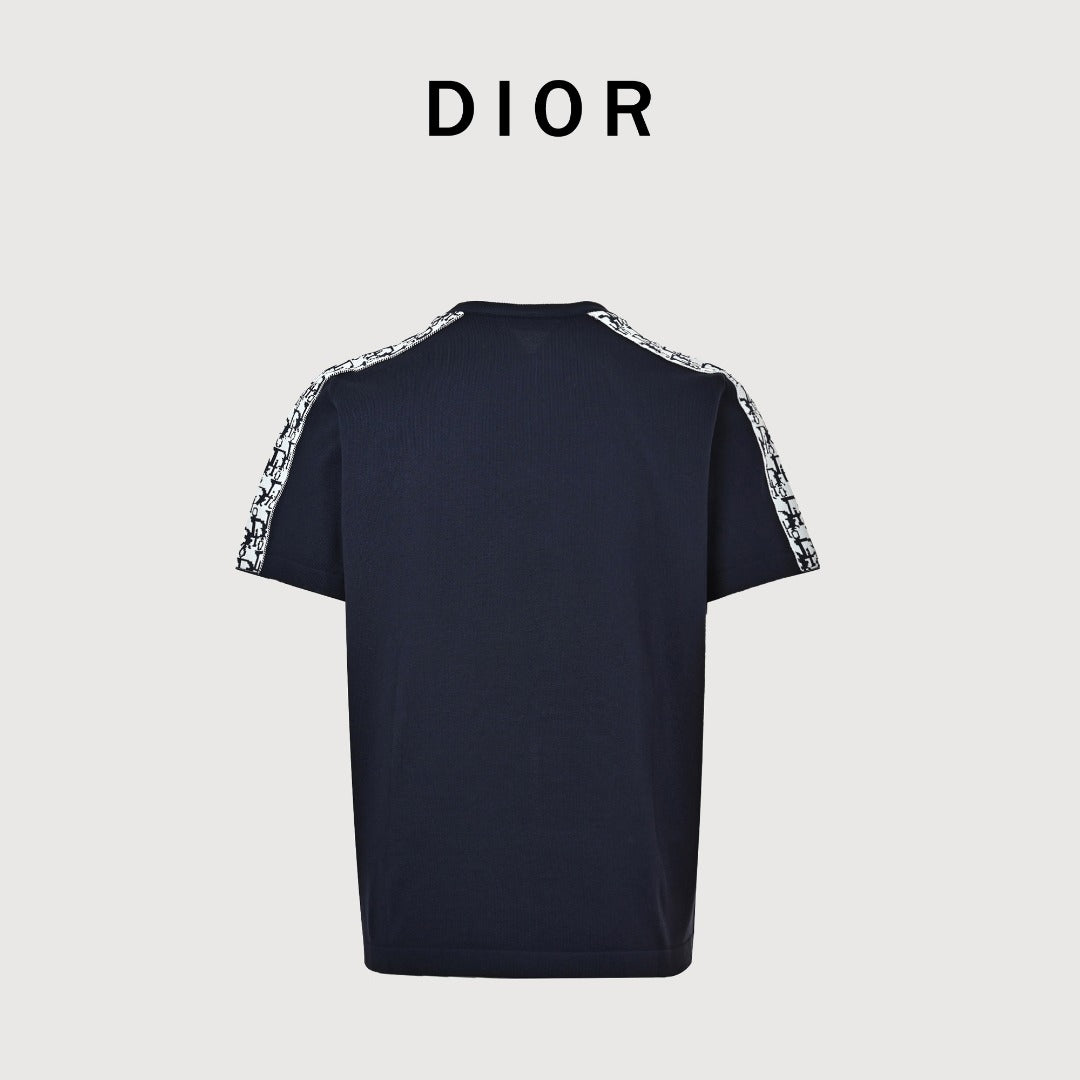 Dior Oblique Jacquard Tape Shoulder Sleeve Panelled Short Sleeve T-Shirt - Navy