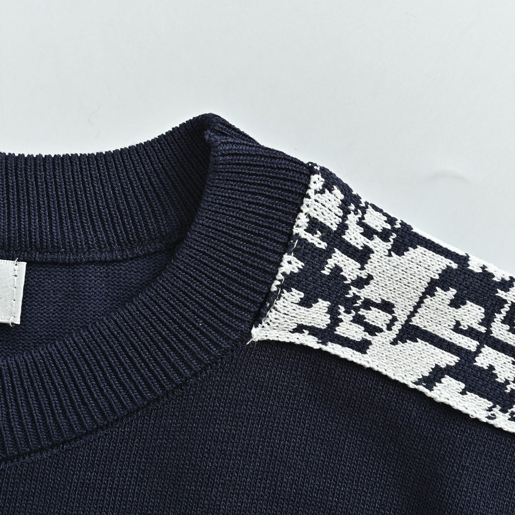 Dior Oblique Jacquard Tape Shoulder Sleeve Panelled Short Sleeve T-Shirt - Navy