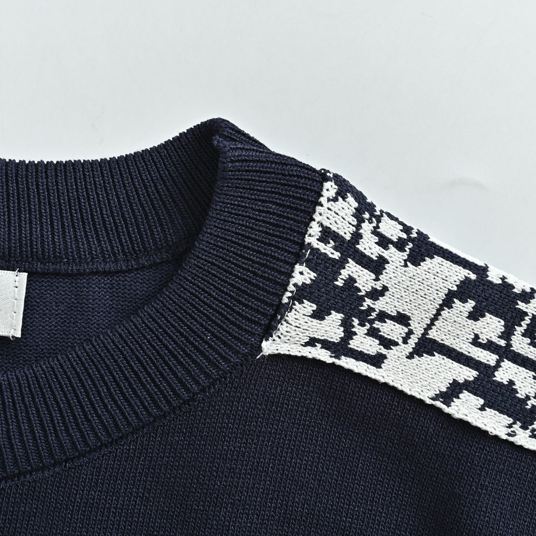 Dior Oblique Jacquard Tape Shoulder Sleeve Panelled Short Sleeve T-Shirt - Navy
