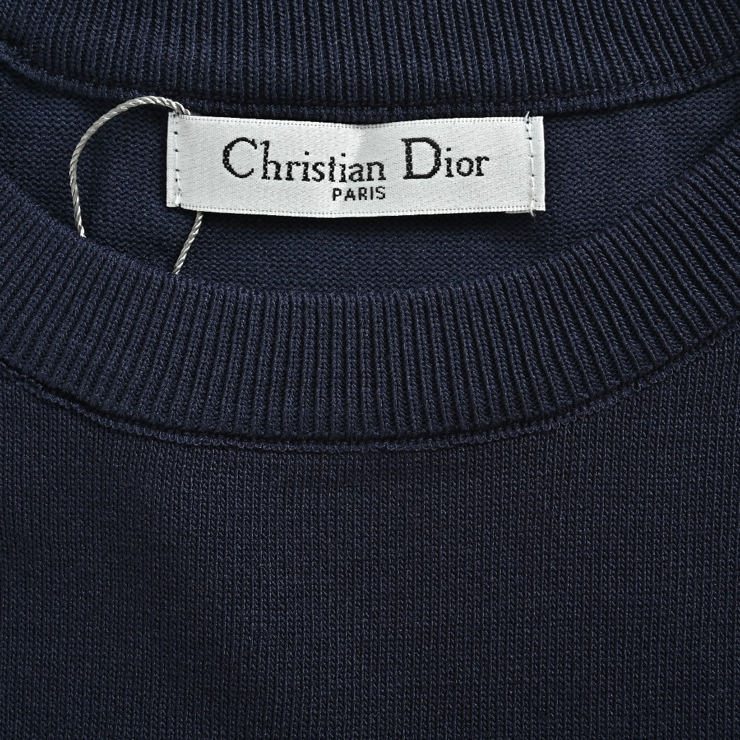 Dior Oblique Jacquard Tape Shoulder Sleeve Panelled Short Sleeve T-Shirt - Navy