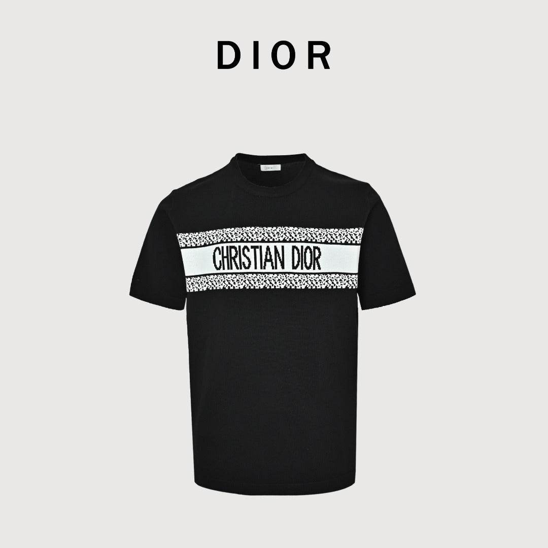 Dior Christian Dior Chest Letter Jacquard Knit Stripe Short Sleeve T-Shirt - Black