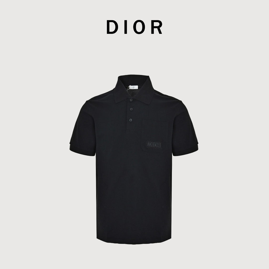 Dior CD Square Badge Pocket Embroidered Letter Short Sleeve Polo Shirt - Black