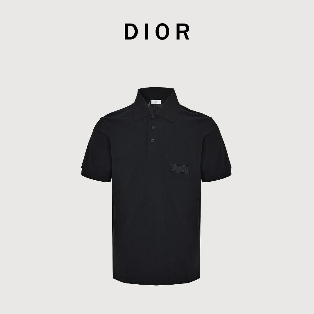 Dior CD Square Badge Pocket Embroidered Letter Short Sleeve Polo Shirt - Black