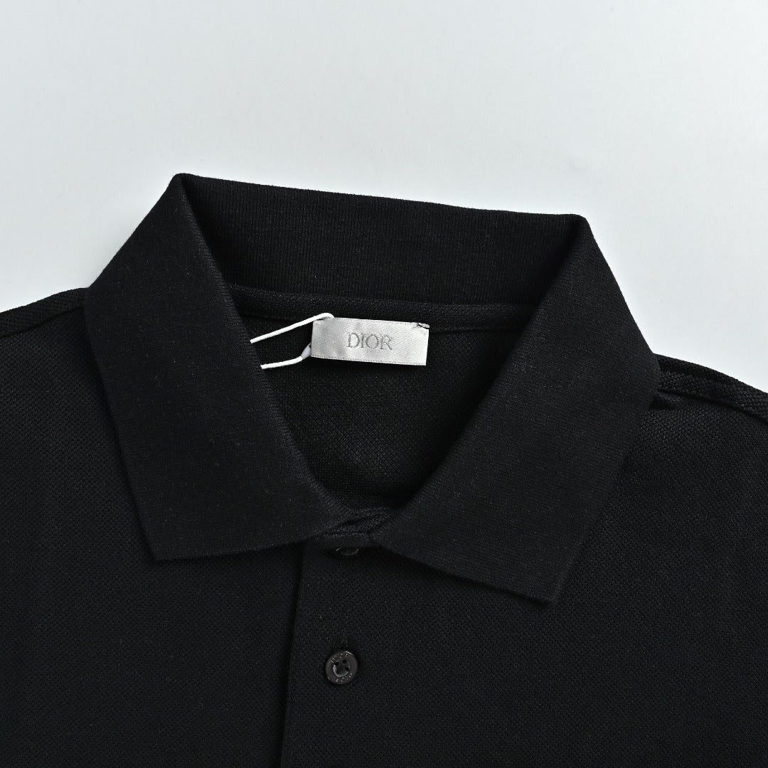 Dior CD Square Badge Pocket Embroidered Letter Short Sleeve Polo Shirt - Black