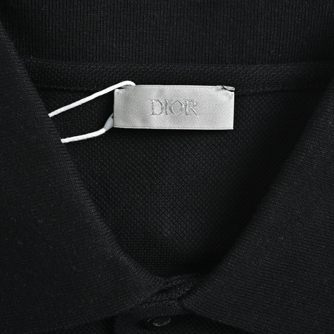 Dior CD Square Badge Pocket Embroidered Letter Short Sleeve Polo Shirt - Black