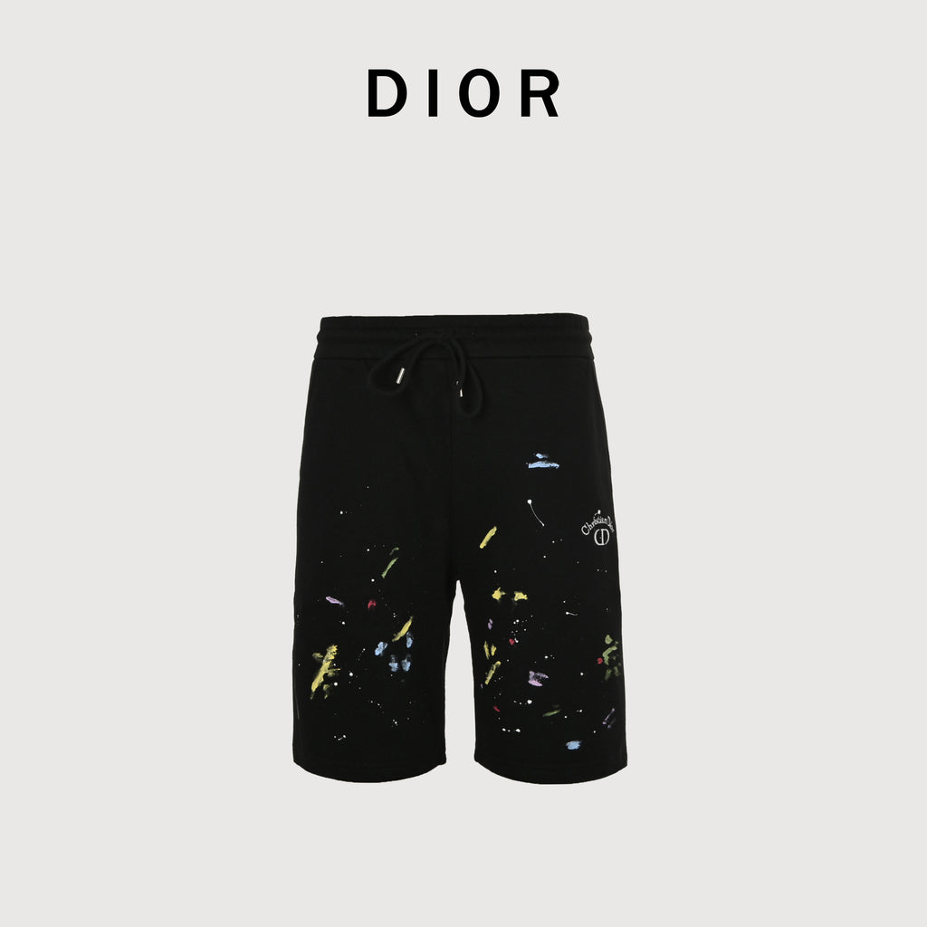 Dior CD Graffiti Paint Splash Embroidered Terry Shorts - Black