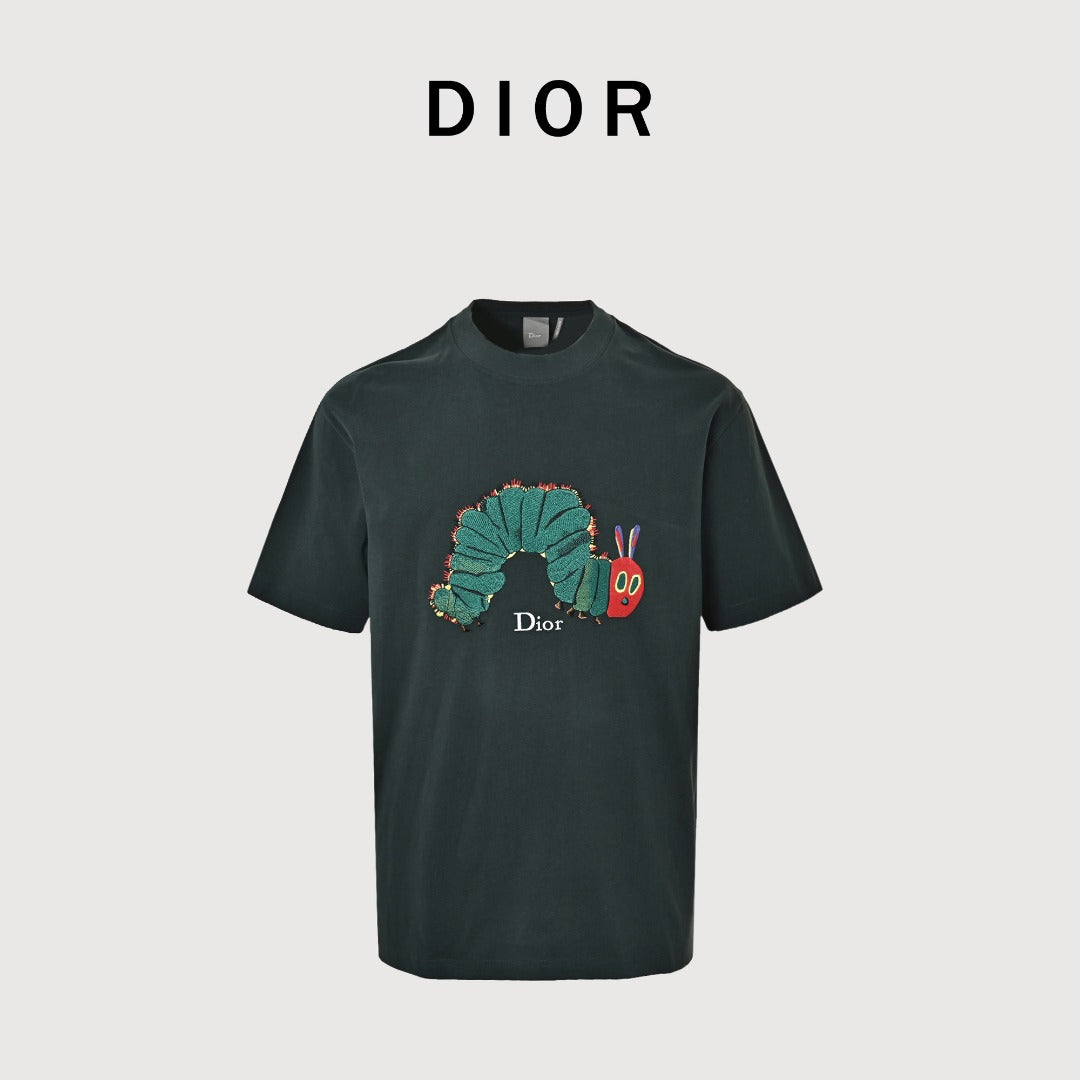 Dior Forest Green Whimsical Caterpillar 3D Embroidered Short Sleeve T-Shirt - Dark Green