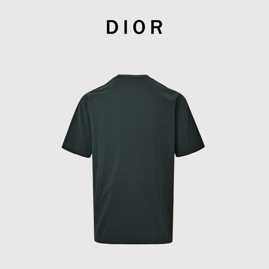 Dior Forest Green Whimsical Caterpillar 3D Embroidered Short Sleeve T-Shirt - Dark Green