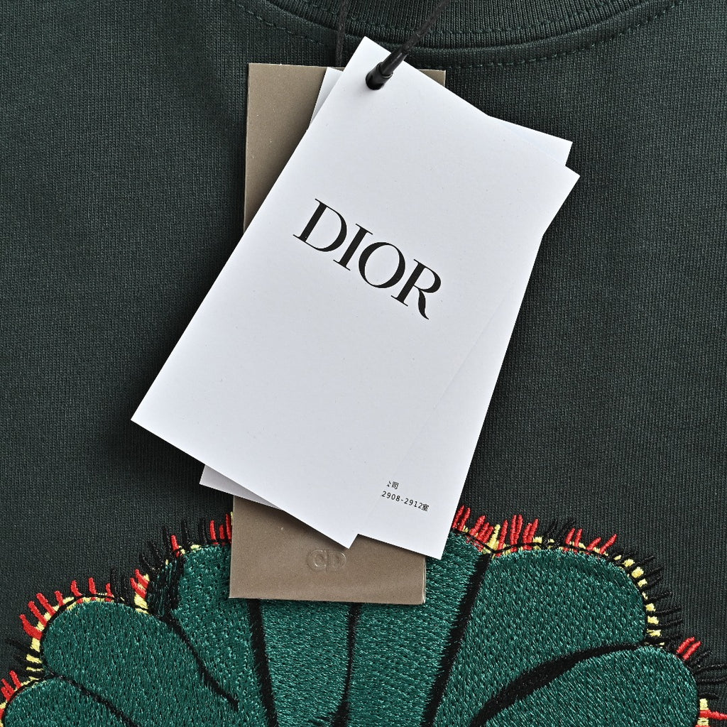 Dior Forest Green Whimsical Caterpillar 3D Embroidered Short Sleeve T-Shirt - Dark Green