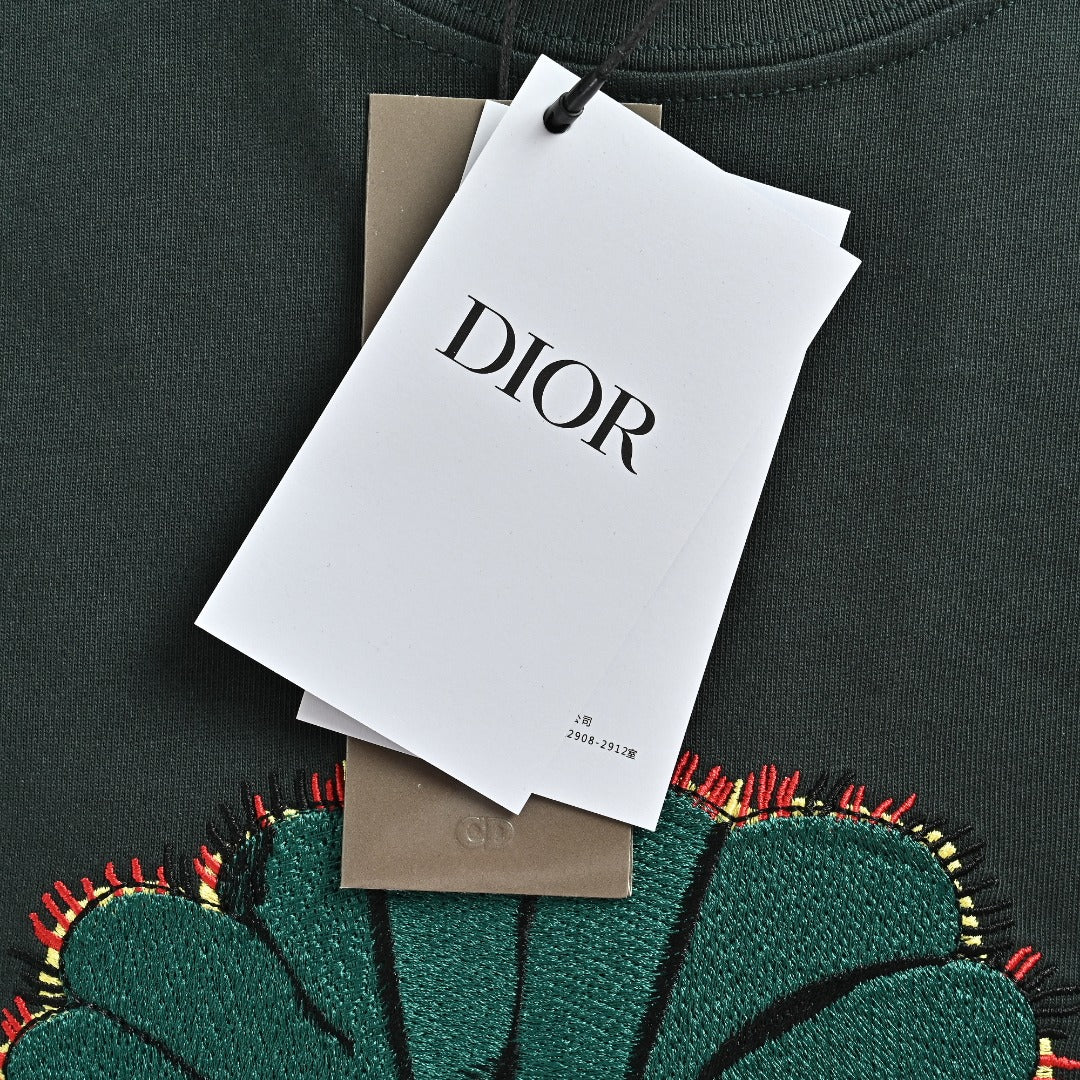 Dior Forest Green Whimsical Caterpillar 3D Embroidered Short Sleeve T-Shirt - Dark Green