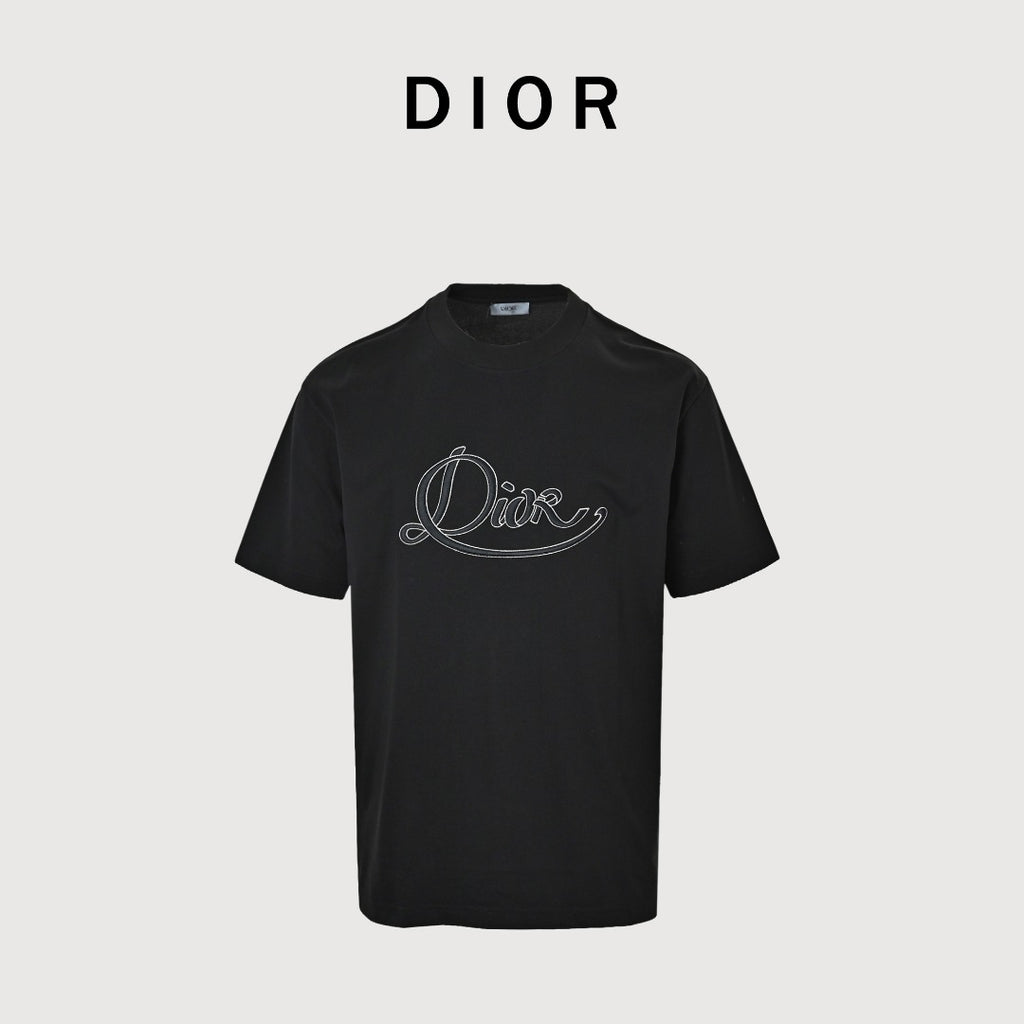 Dior Cursive Silver Thread Script Embroidered Short Sleeve T-Shirt - Black