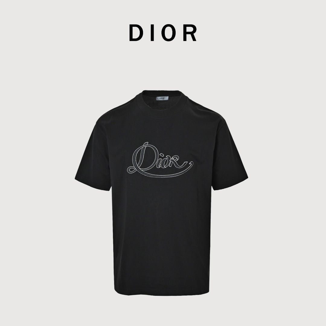 Dior Cursive Silver Thread Script Embroidered Short Sleeve T-Shirt - Black