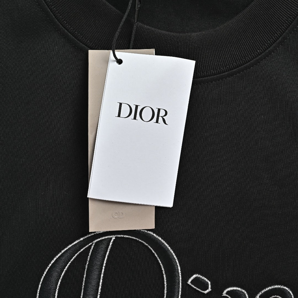 Dior Cursive Silver Thread Script Embroidered Short Sleeve T-Shirt - Black