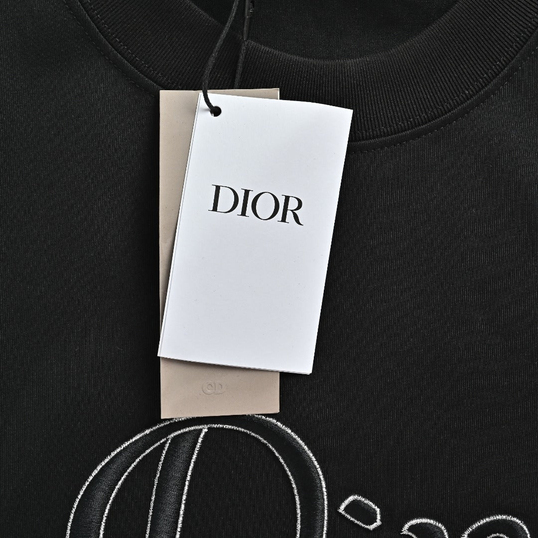 Dior Cursive Silver Thread Script Embroidered Short Sleeve T-Shirt - Black