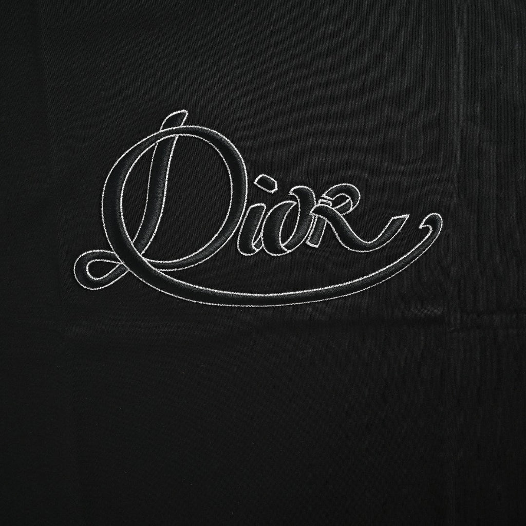 Dior Cursive Silver Thread Script Embroidered Short Sleeve T-Shirt - Black