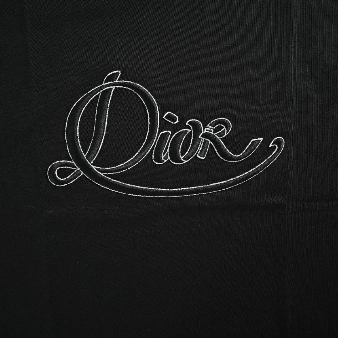 Dior Cursive Silver Thread Script Embroidered Short Sleeve T-Shirt - Black