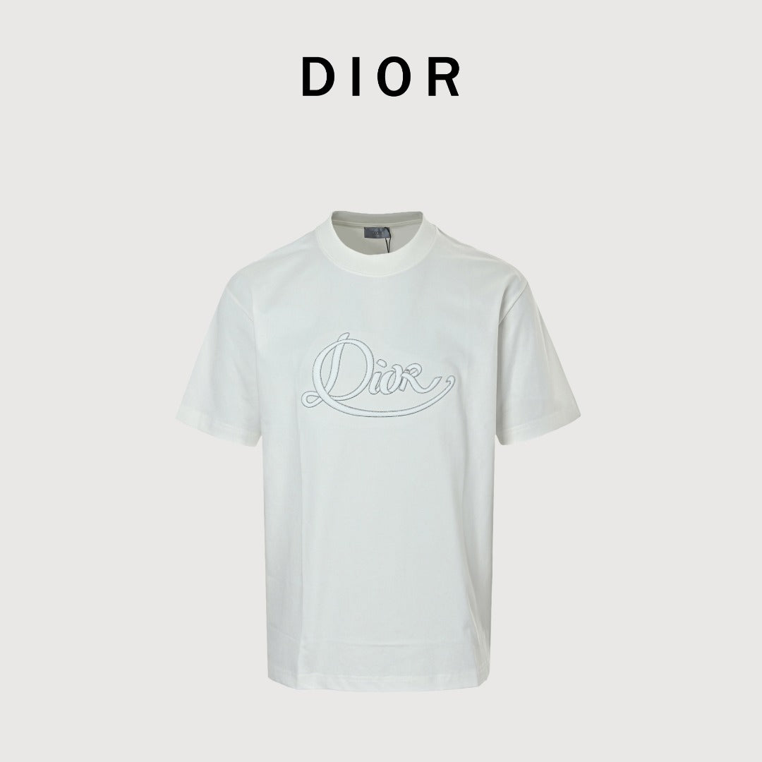 Dior Cursive Silver Thread Script Embroidered Short Sleeve T-Shirt - White