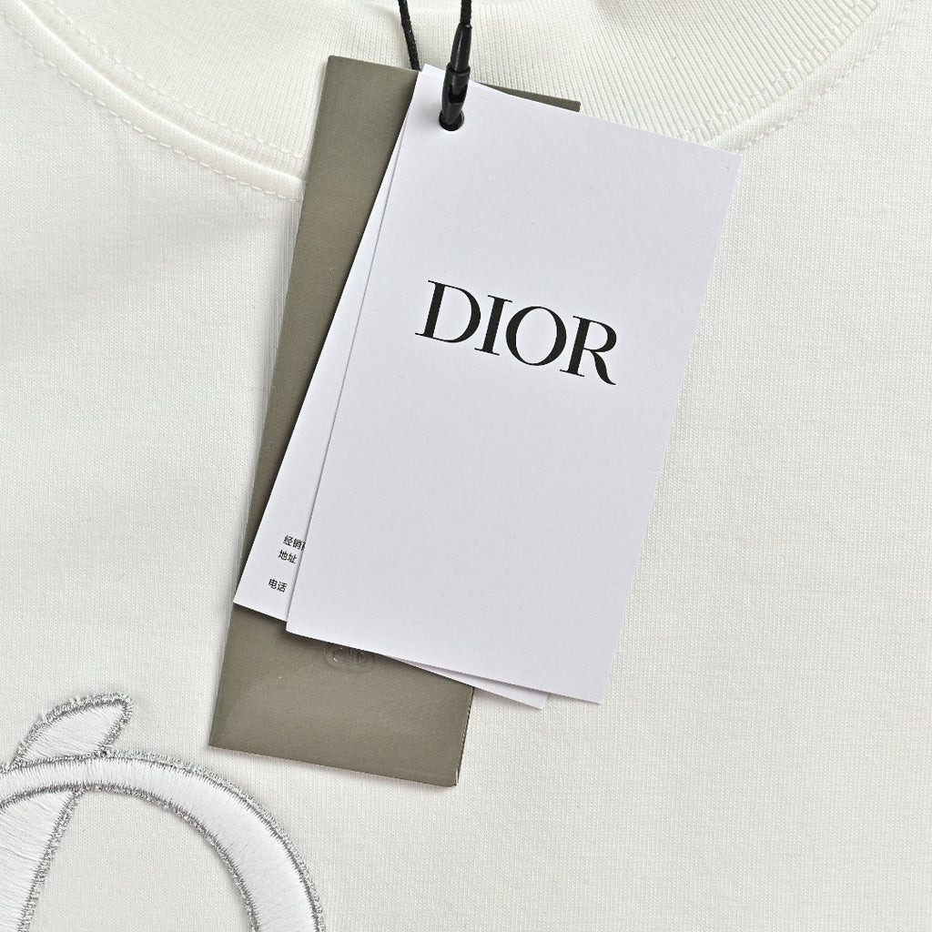 Dior Cursive Silver Thread Script Embroidered Short Sleeve T-Shirt - White