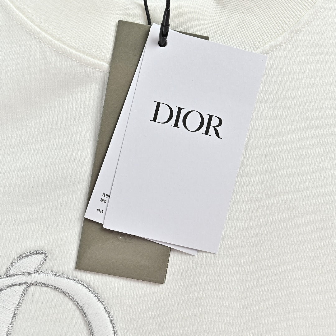 Dior Cursive Silver Thread Script Embroidered Short Sleeve T-Shirt - White