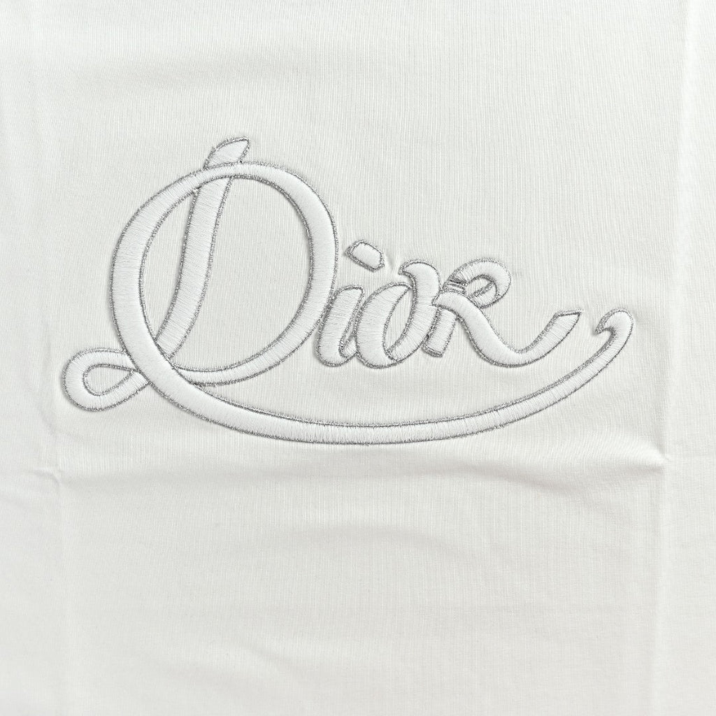 Dior Cursive Silver Thread Script Embroidered Short Sleeve T-Shirt - White