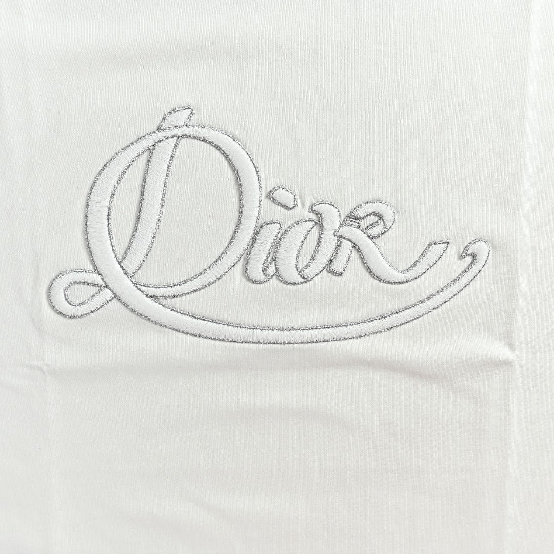Dior Cursive Silver Thread Script Embroidered Short Sleeve T-Shirt - White