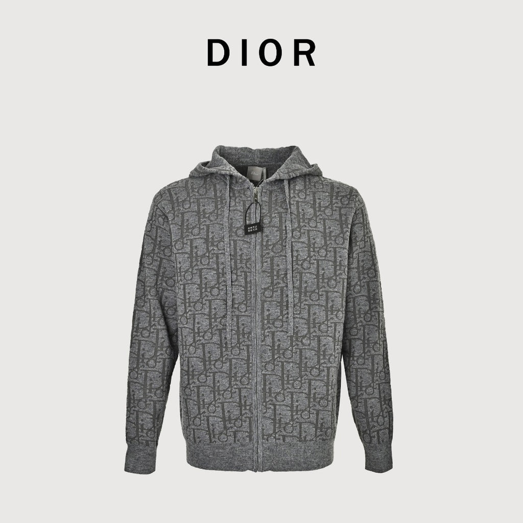 Dior 26SS Oblique All-Over Jacquard Knit Zip Hoodie - Grey