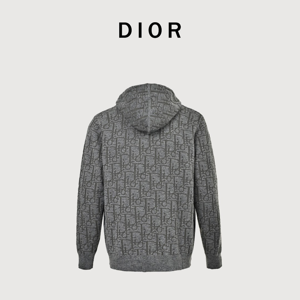 Dior 26SS Oblique All-Over Jacquard Knit Zip Hoodie - Grey