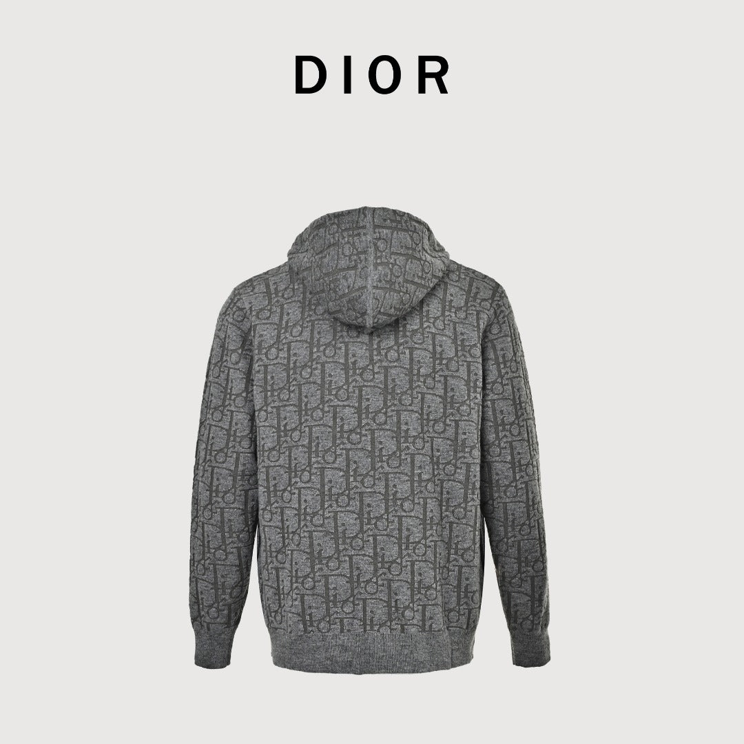 Dior 26SS Oblique All-Over Jacquard Knit Zip Hoodie - Grey