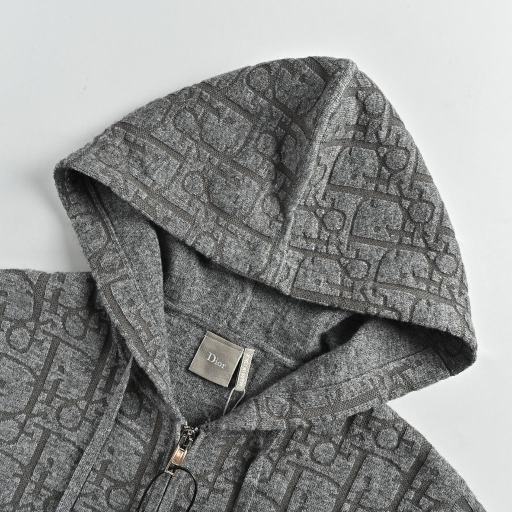 Dior 26SS Oblique All-Over Jacquard Knit Zip Hoodie - Grey