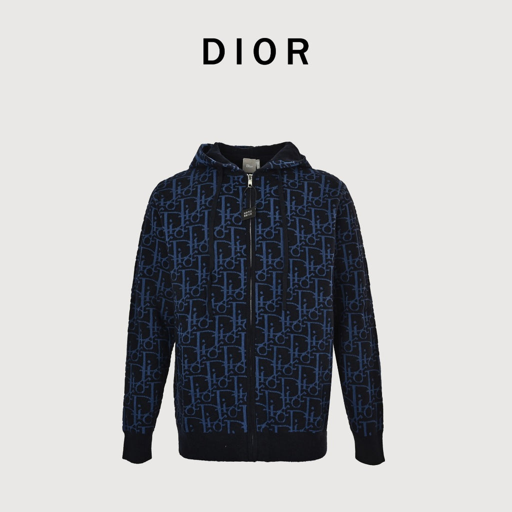 Dior 26SS Oblique All-Over Jacquard Knit Zip Hoodie - Navy