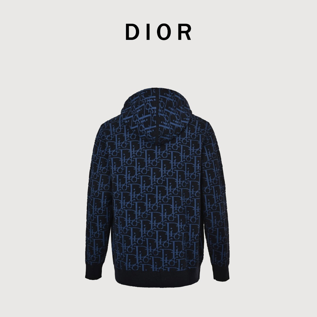 Dior 26SS Oblique All-Over Jacquard Knit Zip Hoodie - Navy