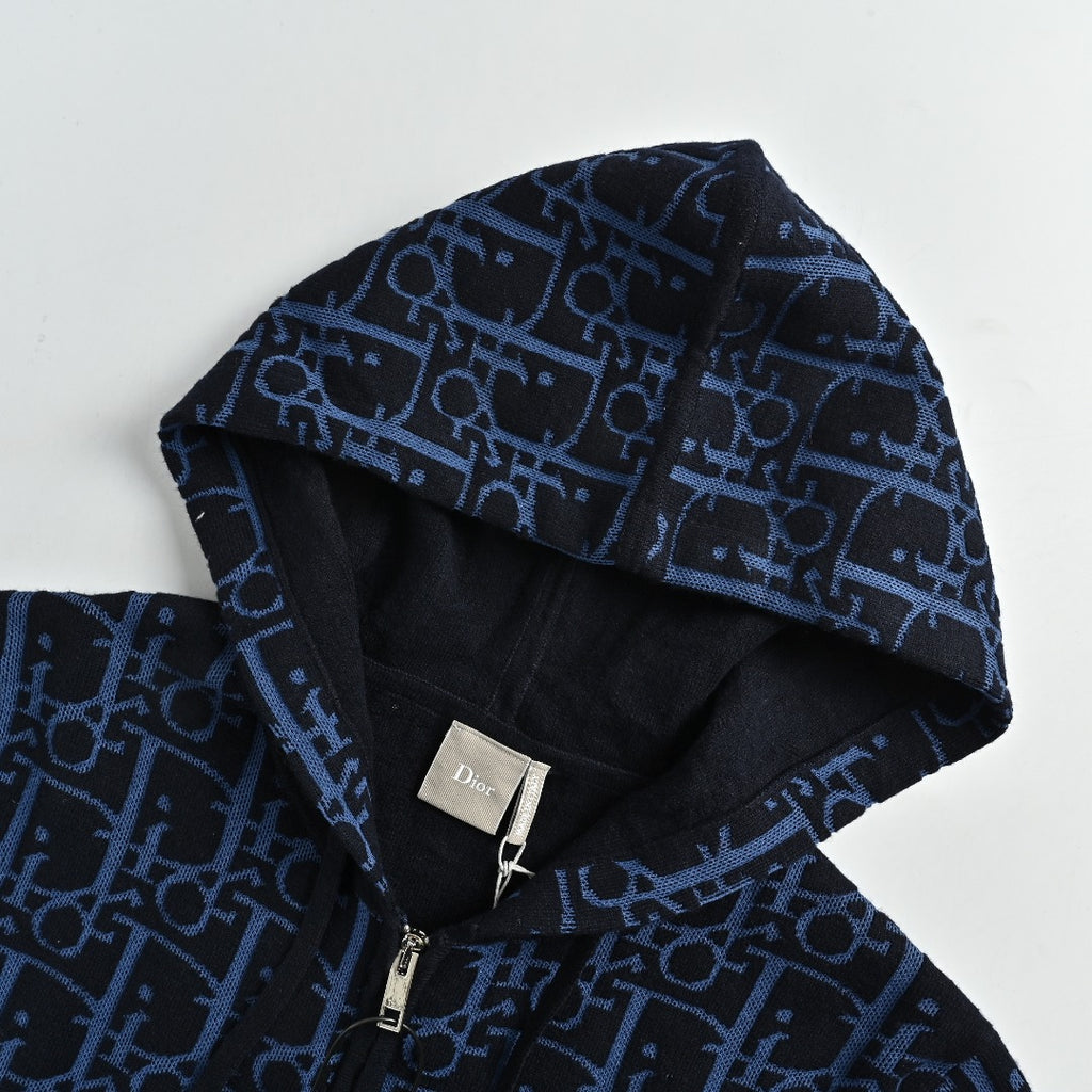 Dior 26SS Oblique All-Over Jacquard Knit Zip Hoodie - Navy