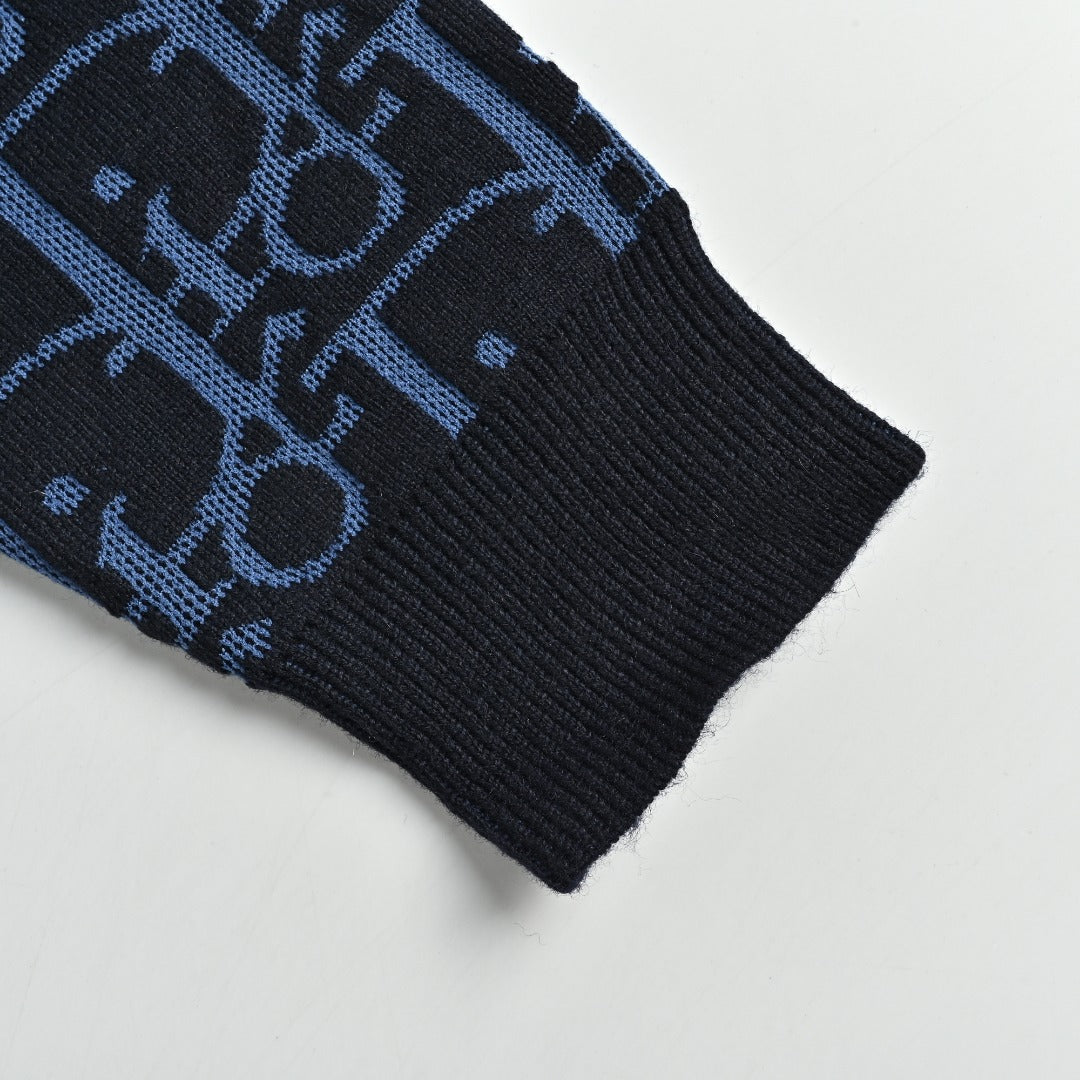 Dior 26SS Oblique All-Over Jacquard Knit Zip Hoodie - Navy