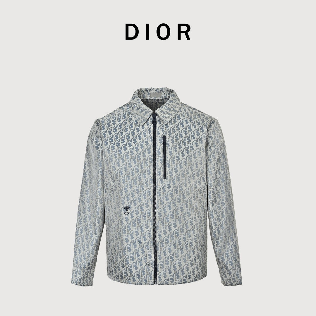 Dior Bee CD Embroidered Chest Pocket Zip Trim Turn-Down Collar Jacket - Light Grey