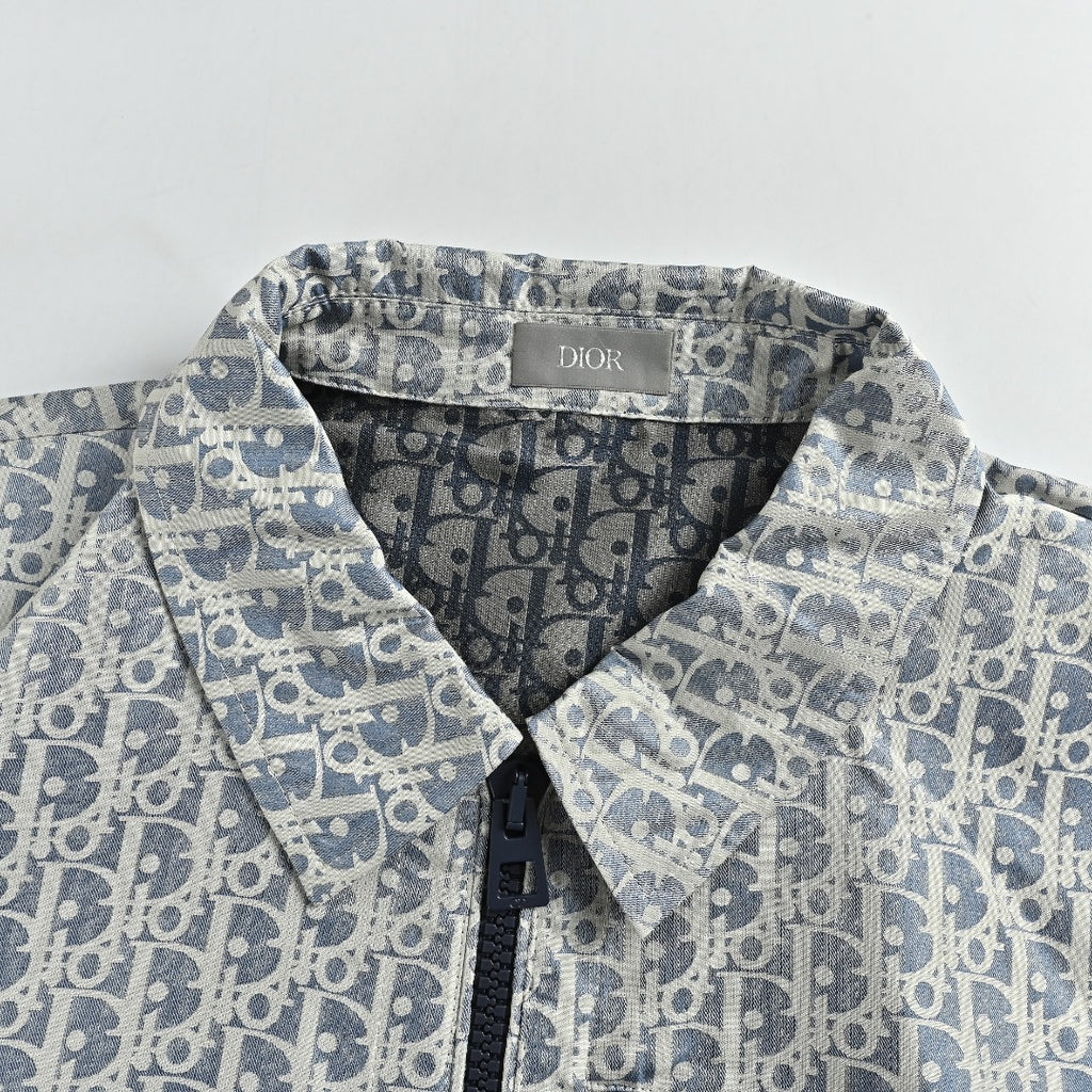 Dior Bee CD Embroidered Chest Pocket Zip Trim Turn-Down Collar Jacket - Light Grey