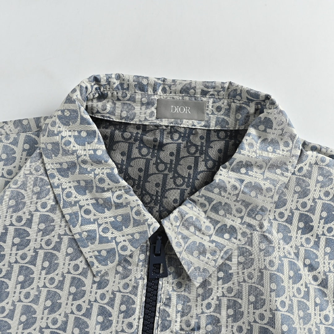 Dior Bee CD Embroidered Chest Pocket Zip Trim Turn-Down Collar Jacket - Light Grey