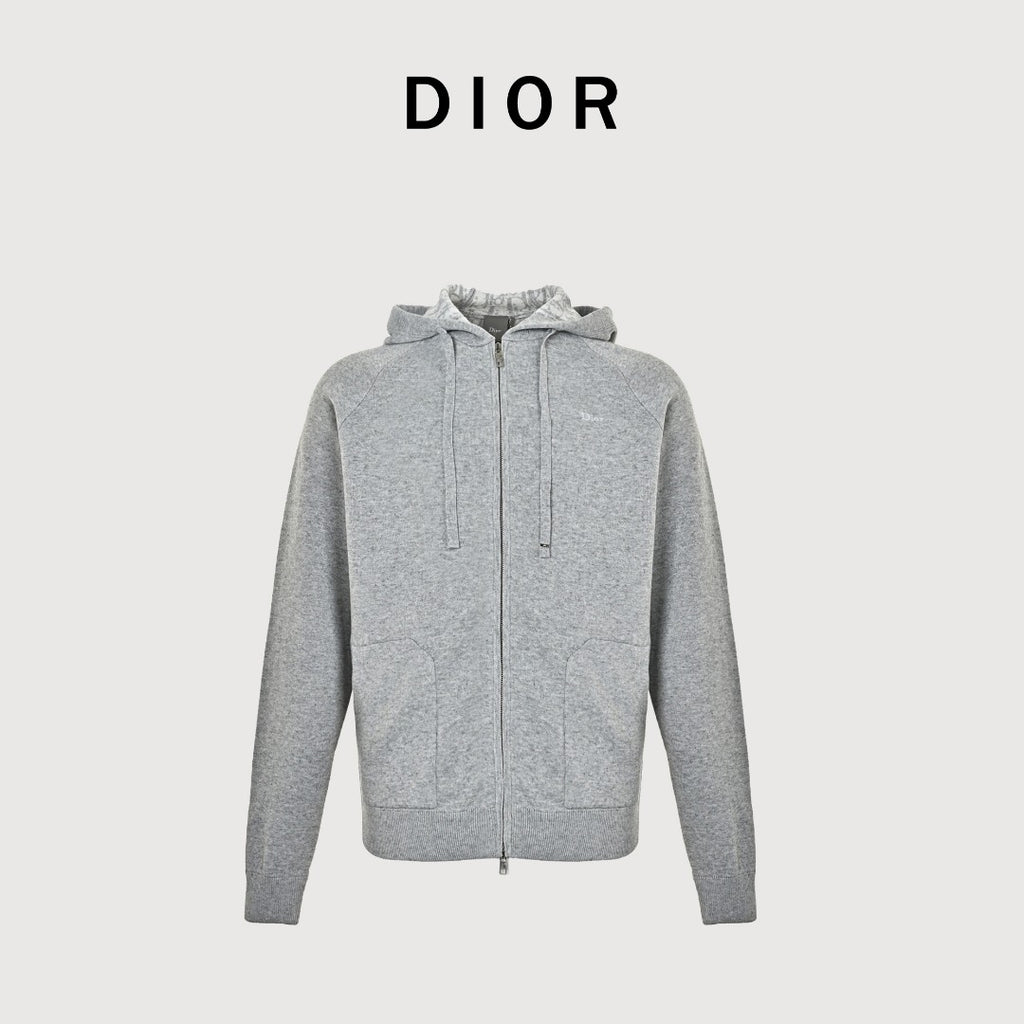 Dior CD Oblique Jacquard Lined Full-Zip Hoodie Sweatshirt - Light Grey