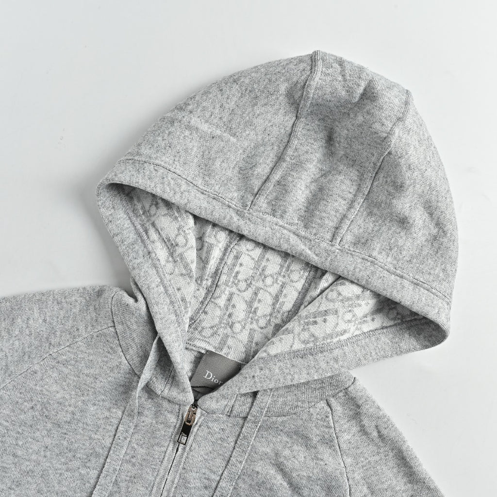 Dior CD Oblique Jacquard Lined Full-Zip Hoodie Sweatshirt - Light Grey